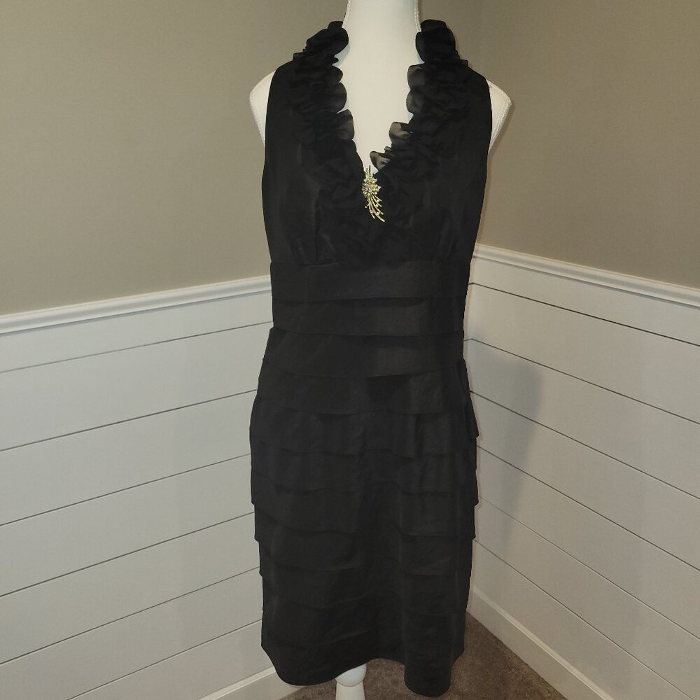 Classy Black V-Neck Ruffled Cocktail Dress - Size 6